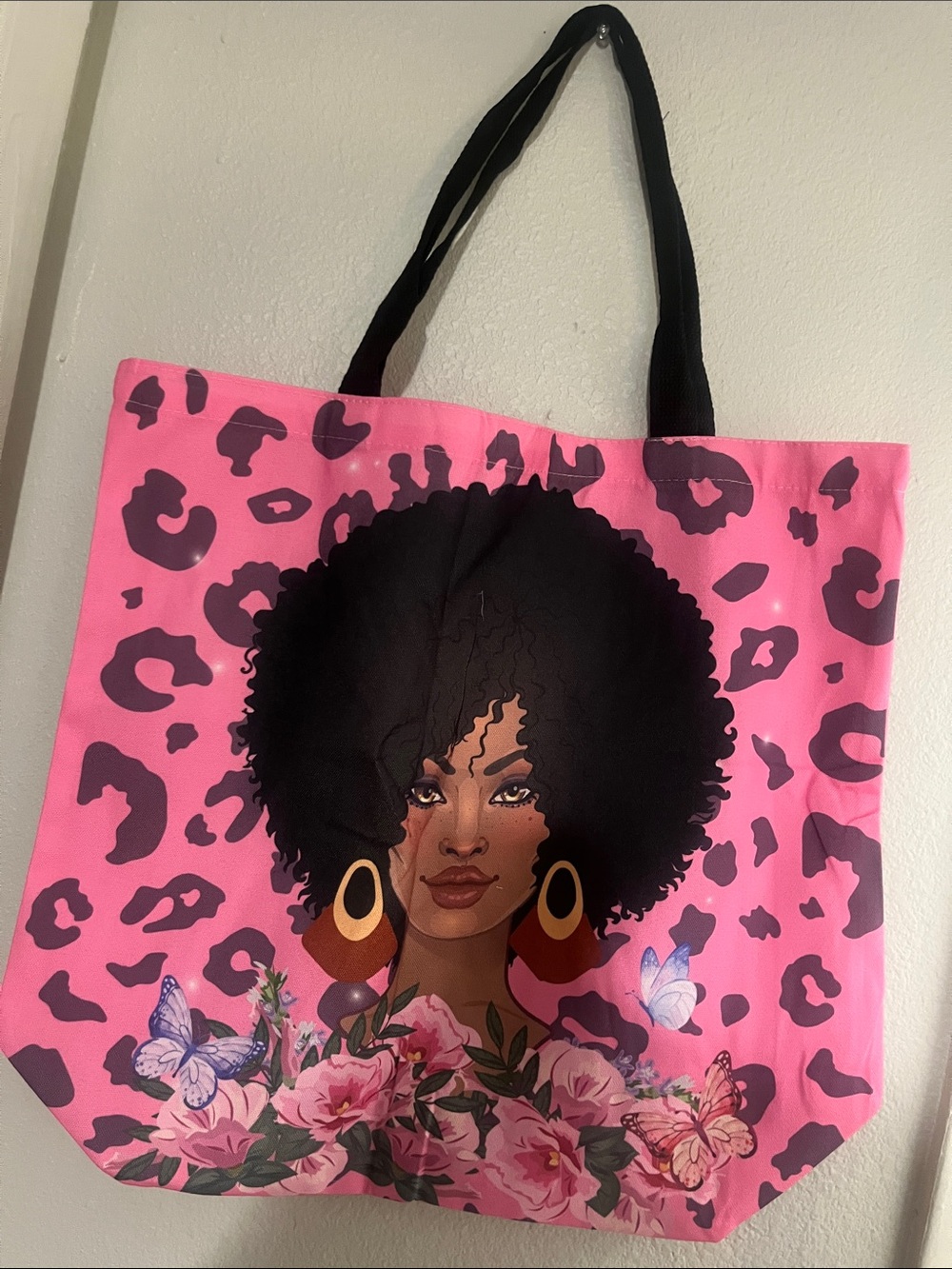 Pink Afro Print Tote Bag with Floral Accents